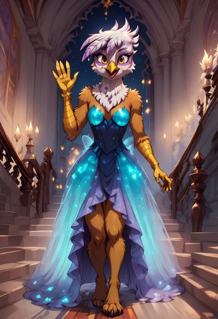 score_9, score_8_up, score_7_up, anthro,
(((Gilda))), Griffon,
facing viewer, front view, female focus, view from chesthight,
g5, pony, female, mare, tail, dock, solo, 1girl, highly detailed, beautiful, detailed eyes, detailed fur, beautiful eyes, (tall), ((perfect body proportions), (beautiful long legs),
small breasts, show accurate skin colour,
long hair, fluffy hair, biggest hair,
(((walking ((down)) a grand staircase))), (((waving to viewer))), ((happy, excited, smiling at viewer invitingly)),
(((wearing a beautiful eyecoloured bioluminescent shoulderfree ballgown))), glowing ballgown,
BREAK,
highly detailed background, (((nighttime))), night
inside Canterlot castle, ballroom, ((grand staircase)), mirror marble floor, (((dimmed lights in the room))),