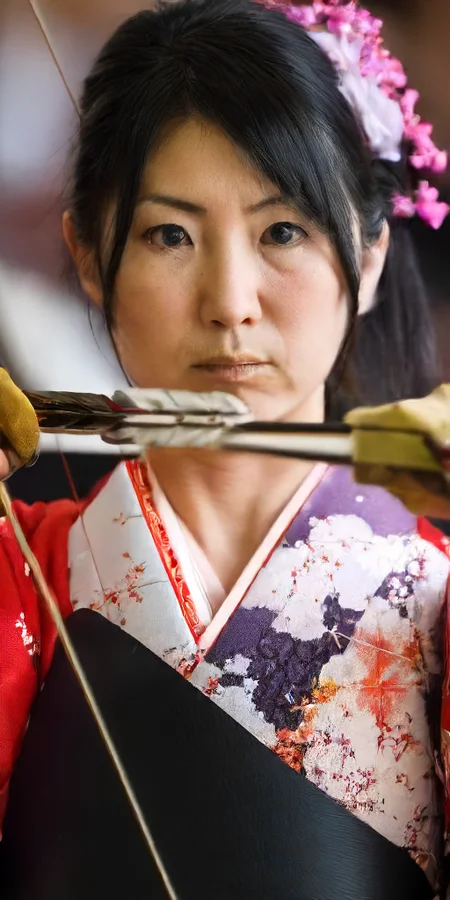 yugamae, 1girl,solo,black hair,hair ornament,gloves,holding,brown eyes,upper body,weapon,japanese clothes,kimono,holding weapon,blurry,lips,single glove,bow (weapon),partially fingerless gloves,realistic,arrow (projectile),muneate,holding bow (weapon),aiming,yugake,holding arrow,archery,kyuudou<lora:Kyudo:1>