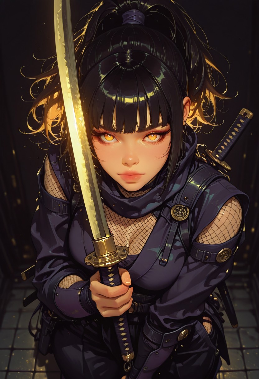 masterpiece, best quality, good quality, very aesthetic, absurdres, newest, 8K, depth of field, focused subject, in the style of cknc, artist:moriimee, in the style of cksc, BREAK stunning female ninja, ponytail, bangs,ninja outfit, fishnet, holding katana with energy, standing in dynamic pose, dark background with swirling motes of light, golden hour, directional lighting, cowboy shot, viewed from above, face turned to look at viewer
