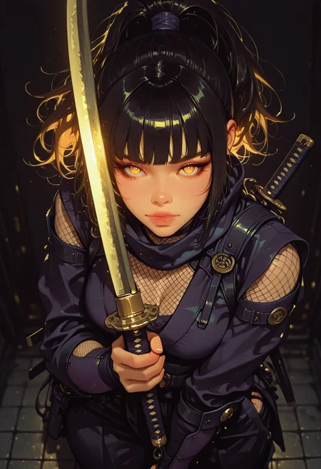 masterpiece, best quality, good quality, very aesthetic, absurdres, newest, 8K, depth of field, focused subject, in the style of cknc, artist:moriimee, in the style of cksc, BREAK stunning female ninja, ponytail, bangs,ninja outfit, fishnet, holding katana with energy, standing in dynamic pose, dark background with swirling motes of light, golden hour, directional lighting, cowboy shot, viewed from above, face turned to look at viewer
