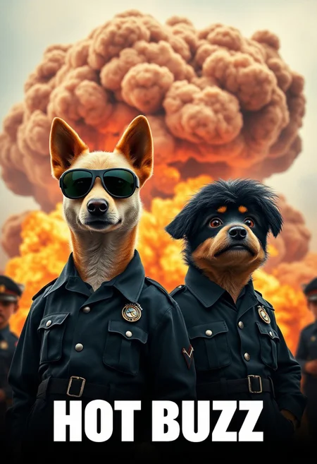 A film poster for a film called "HOT BUZZ" featuring two anthropomorphic dogs in British police uniforms, one tall and blonde wearing aviator sunglasses and the other short and stout with dark hair against a backdrop of a huge cinematic explosion filling most the frame. The scene is very cinematic and dramatic.