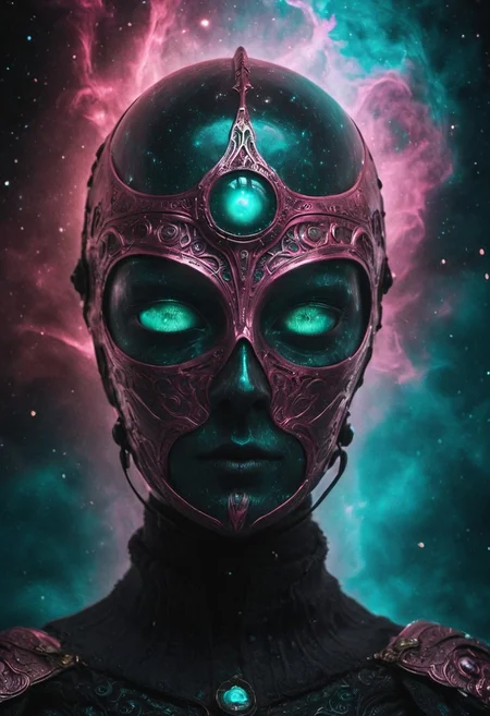 Extreme Closeup, A intricate designed Iron helmet of an medieval Fantasy Warrior inspired By HR Giger, Closeup of two beautiful eyes with Galaxy Iris, pink, turquoise and red color graded, deep Blacks, very detailed, atmospheric haze, Film grain, cinematic film still, shallow depth of field, highly detailed, high budget, cinemascope, moody, epic