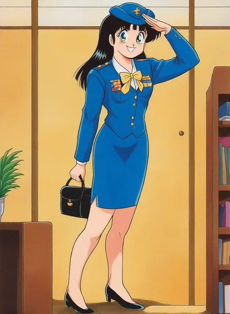 (zPDXL)Source_anime, 1girl, solo, full body, indoors, office, smile, standing, looking at viewer, <lora:hibino_chika_pony:1>, salute, hat, hibino_chika, long hair, bow, retro artstyle, 1990s \(style\), pencil skirt, skirt, bangs, blue uniform, holding bag, yellow bowtie, jacket, vest, long sleeves, shirt, black hair, small breasts, green eyes, black handbag, black shoes,