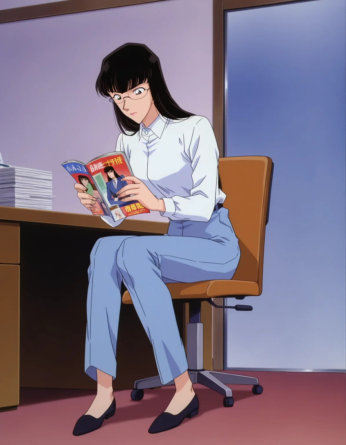 1girl,solo, anime screencap,1990s \(style\), retro artstyle,
<lora:oobayashi kaori_conan_v1_IL:0.6>,oobayashi kaori,(meitantei conan:0.4),long hair,black hair,blunt bangs,lips,wide glasses,long sleeves,light blue pants,white collared shirt,black footwear,
closed mouth, holding magazine,office, indoors, sitting, chair, desk, looking down,
