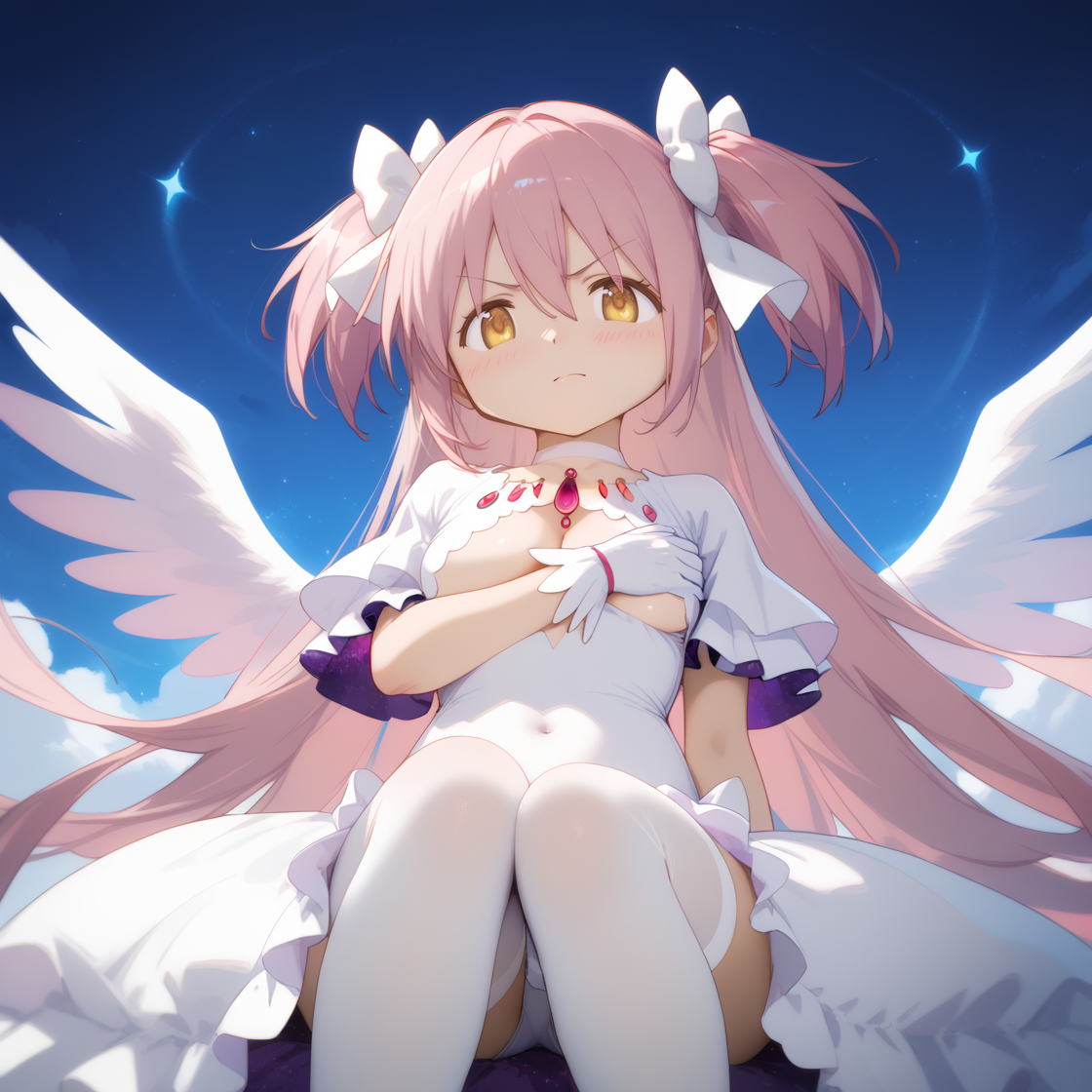 (score_9,score_8_up,score_7_up) BREAK uncensored BREAK 1girl,solo,(medium breasts:1.2),
disgust,scowl,closed mouth,
BREAK
BREAK
BREAK
BREAK
BREAK
BREAK
BREAK
BREAK <lora:Madoka-Madoka_Kaname-PDXL:1>,<lora:madoka_god:lbw=js>,(ultimate madoka,kaname madoka,long hair,pink hair,very long hair,bangs,hair between eyes,two side up,white bow,yellow eyes),(choker,white choker,gloves,white gloves,underboob,underwear,clothing cutout,cleavage cutout,covered navel,wide sleeves,frills,dress,white dress,frilled dress),(thighhighs,white thighhighs),angel wings,(starry sky print:1.2),flying,from_below,(hugging_own_legs:1.4),(extreme dangling:1.2),