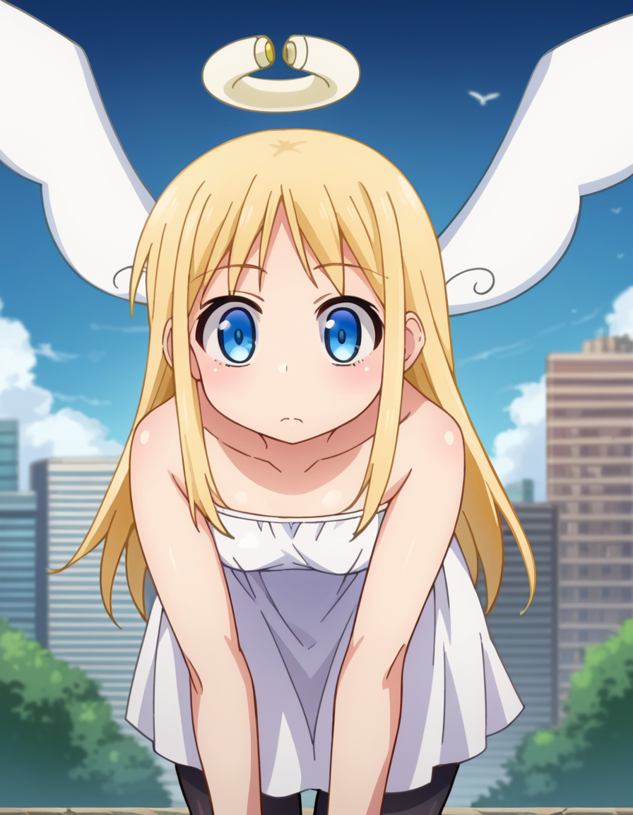 score_9, score_8_up, score_7_up, source_anime,
crimvael, <lora:crimvael-ponyxl-lora-nochekaiser:1>
crimvael, long hair, blue eyes, blonde hair,
dress, bare shoulders, collarbone, wings, white dress, strapless, halo, strapless dress, angel wings, white wings, angel,
outdoors, cityscape, bent over,
looking at viewer, dutch angle, cowboy shot,