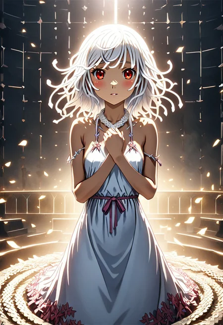 source anime, anime style, official art, "Sengoku Nadeko wrapped by a pale white snake around her neck, glowing under soft, eerie lighting, surrounded by detailed scales, mixed with a surreal and unsettling atmosphere, photorealistic textures." white_hair, red_eyes, medium_hair, snake_hair, small_breasts, WHITE DRESS, <lora:SDXLFaeTastic2400:0.4> <lora:extremely_detailed:0.4> extremely detailed, <lora:sn4ke:1>,sn4ke, Masterpiece,best quality,hi res,8k,hi res,8k,award winning,(sharp focus, intricate, highly detailed), rating:safe