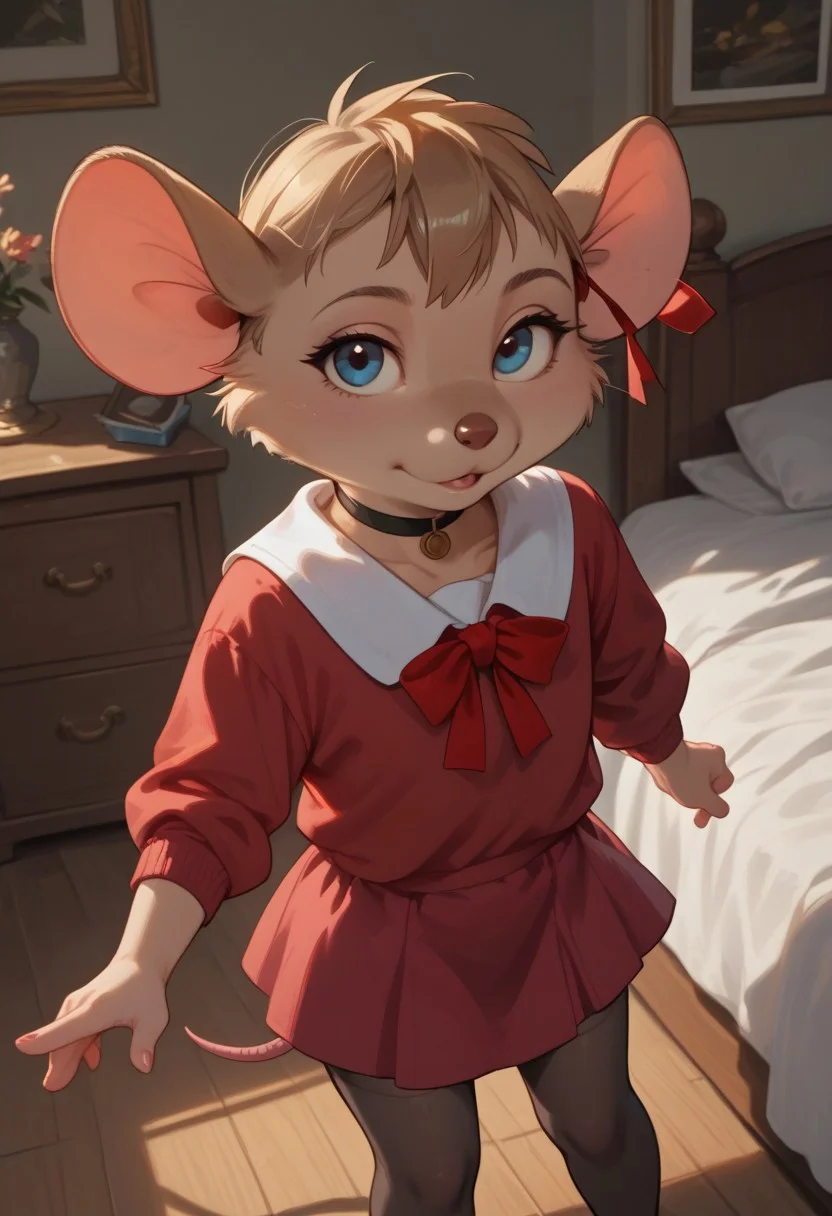 score_9, score_8_up, score_7_up, score_6_up, score_5_up, 1girl, solo
Olivia_F, furry female, body fur, brown fur, animal nose, mouse ears, animal ears, (hair ribbon), short hair,
choker
(leggings), minidress, red dress,
indoors, (detailed background), bedroom,
looking at viewer, very seductive, upper angle view
