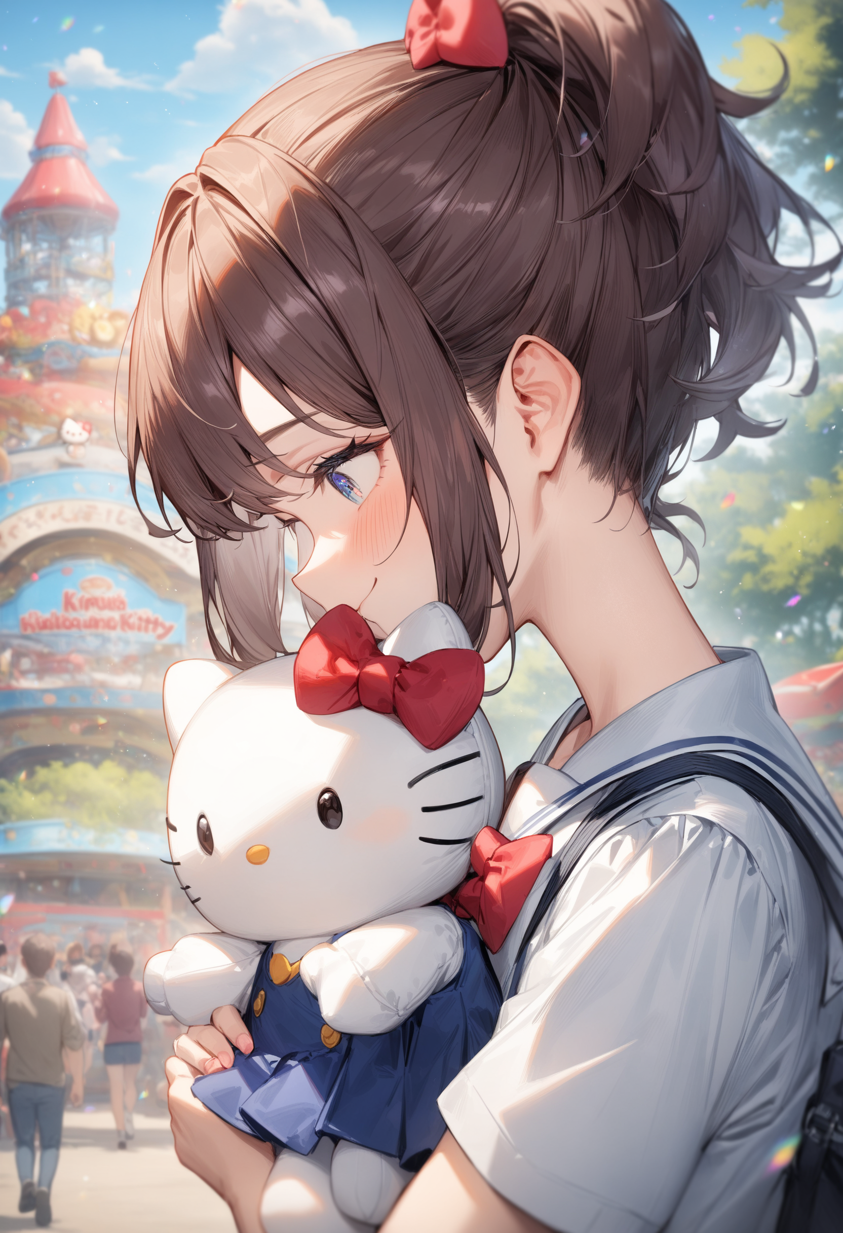 1girl, <lora:sdxl2-flat2-512b:-1>,medium breasts,school uniform,
hello kitty, stuffed toy, holding,holding stuffed toy,<lora:hellokitty_XL_v1:0.7>
from side, portrait, looking down, laugh, amusement park, closed mouth,
masterpiece, best quality, very aesthetic, absurdres