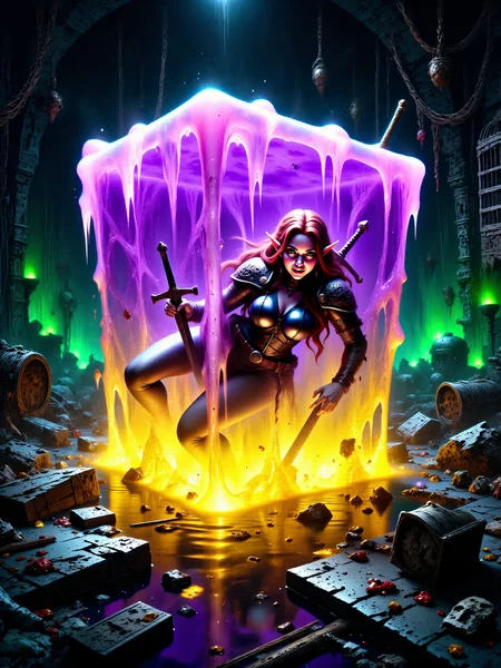 intricate and extremely detailed masterwork, dynamic angle, epic composition, exceptionally aesthetic, famous fantasy-style painting of a gooey translucent gelatinous cube with rounded, oozing, dripping edges and corners, it is colored in a yellow to purple gradient, its magical glowing gel engulfing a gorgeous submerged female elf rogue with pointy ears and beautiful long floating crimson red hair, she is wearing a sleek, black leather outfit, and a sword on her back, her lithe body is trapped and engulfed in gel, her expression a mix of shock and determination as she struggles to escape, the cube's translucent surface distorting her features and holding her in its oozy, pulsating mass, the background features a sinister villain's lair with dark stone walls, twisted iron cages, and flickering green torches casting eerie shadows, the lair is filled with ominous artifacts and arcane symbols, adding to the tense and otherworldly atmosphere, the soft purple glow of the cube contrasts sharply with the menacing surroundings, mythp0rt, <lora:image_enhancer-flux-by_dever:1.0> <lora:gelatinous_cube-flux-by_oneviolentgentleman:0.64> <lora:style-velvet's_mythic_fantasy-flux-by_velvets:0.96>