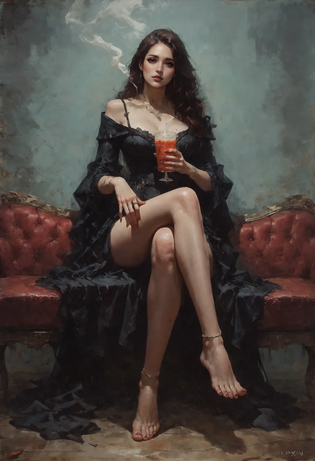 score_9, score_8_up, score_7_up,  1girl, curvy, 25yo, sexy, full body, shapely body, long brown Hair, voluminous bun, dark black dress, seductive pose, legs crossed, barefoot, sensual lips, flirty look on face, black couch, holding a drink, natural breasts, perfect anatomy, legs, surrounded by smoke, flirting, leaning on couch  <lora:sdxl/pony_twilight_style:0.8> <lora:sdxl/pony_freckledvixon_gothic_oil_style:0.7> d4rk01l