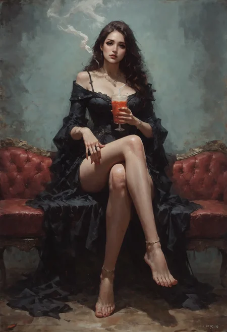 score_9, score_8_up, score_7_up,  1girl, curvy, 25yo, sexy, full body, shapely body, long brown Hair, voluminous bun, dark black dress, seductive pose, legs crossed, barefoot, sensual lips, flirty look on face, black couch, holding a drink, natural breasts, perfect anatomy, legs, surrounded by smoke, flirting, leaning on couch  <lora:sdxl/pony_twilight_style:0.8> <lora:sdxl/pony_freckledvixon_gothic_oil_style:0.7> d4rk01l