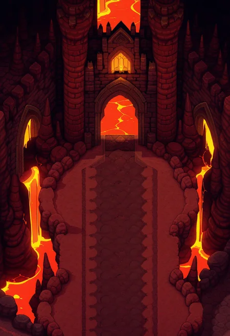 AMAZING QUALITY, MASTERPIECE, PARADOX PARALLAX, SCENERY, FROM ABOVE, DESERT, CASTLE, ARCHWAY, ENTRANCE, ROCKS, LAVA, MOLTEN