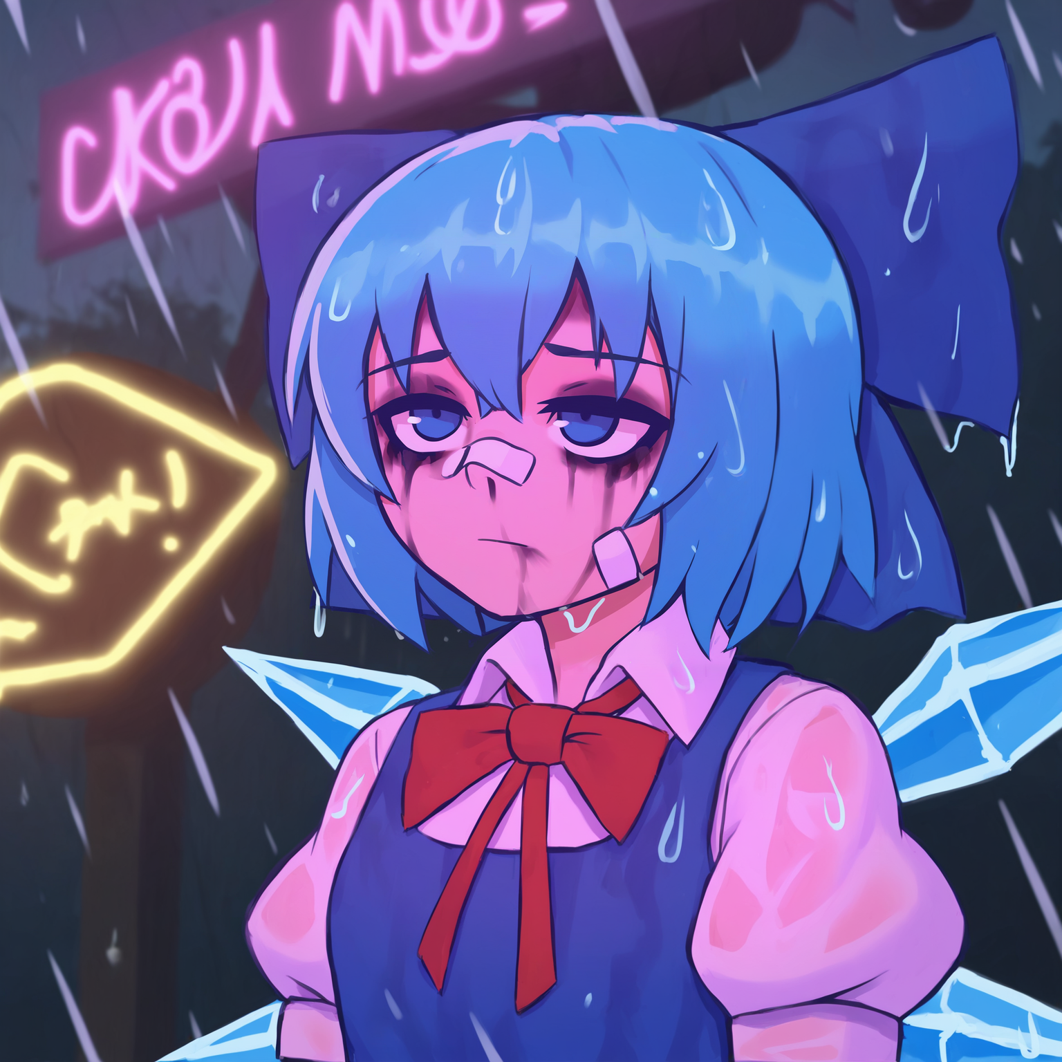 cirno, 1girl, solo, short hair, blue eyes, shirt, dress, bow, ribbon, closed mouth, blue hair, white shirt, upper body, short sleeves, hair bow, wings, collared shirt, puffy sleeves, bowtie, red bow, puffy short sleeves, wet, blue dress, blue bow, red bowtie, bandaid, rain, ice, bandaid on face, ice wings, disappointed, bandaid on nose, ruined makeup, night, neon lights,
, masterpiece, best quality, good quality,
<lora:duhota_noob_vpred-1.0_edm2_v1:1> <lora:YouLookLonelyIllustriousXL_byKonan:0.5>