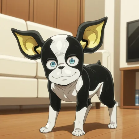 masterpiece, best quality, amazing quality, iggy, male, feral, furry male, solo, black fur, white fur, two-tone fur, yellow ears, blue eyes, black nose, paw pads, happy, looking at viewer, indoors, living room