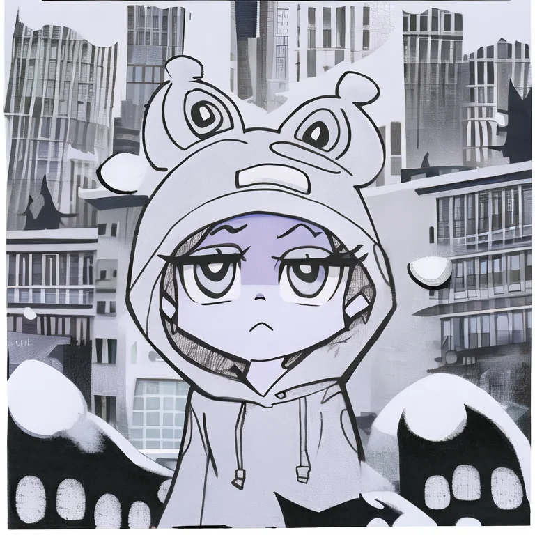 a cartoon drawing of a girl in front of a city in a hoodie close up, pansto art style,