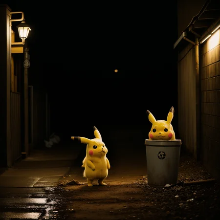 RAW photo, absurdres, high quality, photorealistic, vintage photograph, muddy color grading, sepia,
full shot portrait of sad pikachu standing next to a trash can,
street lights, night, dark alley, solo, 8k uhd, dslr, film grain