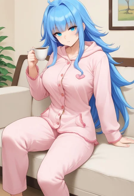 charlotte_wraith, blue eyes, blue hair, large breasts, thick waist,jyojifuku, pajamas, pink pajamas, hood, living room, sitting on couch, leaning back, one knee up, cup of tea, highly detailed, csr style, mammoth_metal_style
absurdres, high quality, score_7_and_up