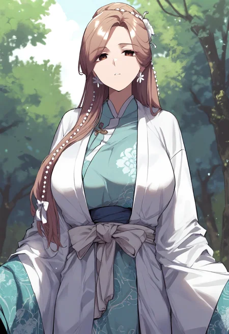 score_9, score_8_up, score_7_up, score_6_up, source_anime, rating_explicit, 1girl, (solo:1.1), huge breasts,<lora:Helian Sehwa prefectPonyxl:0.8> hair beads, single hair bun, brown hair, long hair, brown eyes, flower earrings, clothes1, chinese clothes, (white robe:1.1), aqua kimono, floral print kimono, white ribbon, blue sash, wide sleeves, long sleeves, expressionless, forest, outdoors, looking at viewer
