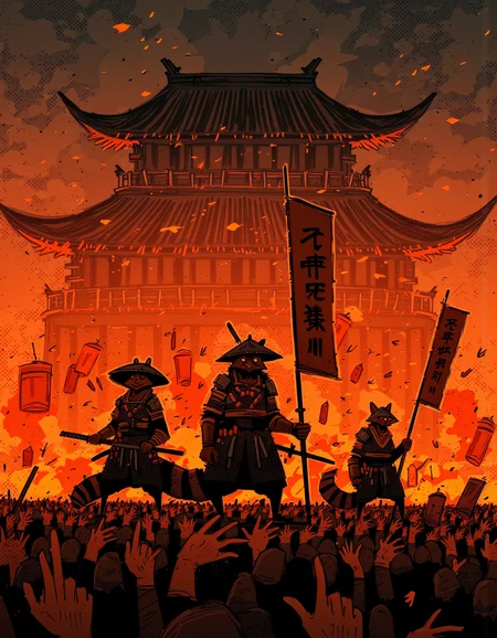 By Alex Vede. A digital illustration shoot from a front camera angle about a fierce battle scene featuring three silhouetted raccoons in traditional japanese armor, wielding swords, standing in front of a burning pagoda amidst a chaotic backdrop. the scene is set against a fiery orange and black backdrop, with a large, ornate pagoda in the distance and a large crowd of onlookers in the foreground. in the middle of the image, a muscular, anthropomorphic raccoon warrior stands confidently, holding a tall, obi-e-shaped sign that reads "japanese" in bold, black lettering. He is flanked by two smaller raccoon warriors, each holding a sword and wearing traditional samurai armor. the raccoon on the left is facing the viewer, while the one on the right is facing away from the viewer. they are all holding swords and appear to be in a battle-ready stance, ready to take on any challenge that comes their way. the background is filled with flames and debris, adding to the chaotic and intense atmosphere of the scene.
solo, holding, weapon, holding weapon, 3boys, holding hands, hat, weapon on back, holding sword, armor, fire, holding flag, weapon in hand, sash, holding banner, fire background, paper lantern