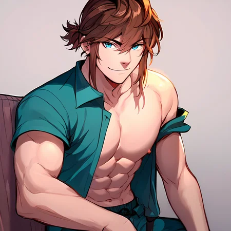 score_9, score_8_up, score_7_up,score_6_up, 1boy,solo, looking at viewer , medium shot,<lora:Arthur-30:0.8> Arthur, blue eyes, brown hair <lora:detailed_notrigger:0.8>shirtless, abs, nipples, smirk