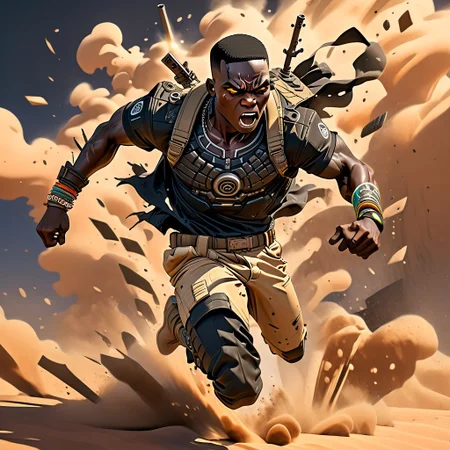chibi,(black skin,) sand-colored torn T-shirt, (machine gun),
shamanic tattoos on the body,
action pose, run,
angry,
desert, sand, day, ruin, african hit,
BREN Mk1 Light Machine Gun,
(hands on machine gun),
African chibi man run with machine gun, (((black skin))), African, ((( anarexic body))), pear-shaped face, short neck, long arms, broad shoulders, Fleshy nose, Low Forehead, Bold Tapered black Eyebrows, African shamanic tattoos,
(graphic novel style, dark novel style),(anime),(masterpiece:1.4), (colourful, soft cinematic light:1.1), incredibly lifelike, Extremely high-resolution details, 8k, best quality, extremely detailed, contrast,