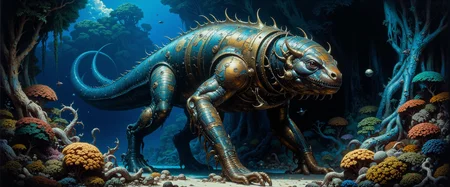 modern fantasy style, (fractal art:0.3), marvel at the mesmerizing "skinny flunnellisk" characterized by its long, segmented body covered in countless metallic armor plates, it gracefully jabbawaggles through the enormous bioluminescent coral reefs of its paffling underwater blampfdomain, glowing in symbiosis with the teeming aquatic flora, extremely detailed and intricate background, highly detailed masterwork fantasy oil painting in the style of frank frazetta, <lora:style-frank_frazetta-v2-flux-by_darmox:0.56> <lora:style-classic_paint-flux-by_andreac75:0.48> <lora:style-fantastic_landscapes-flux-by_artifyai:0.48> <lora:faetastic_details-flux-by_faeia:0.8>