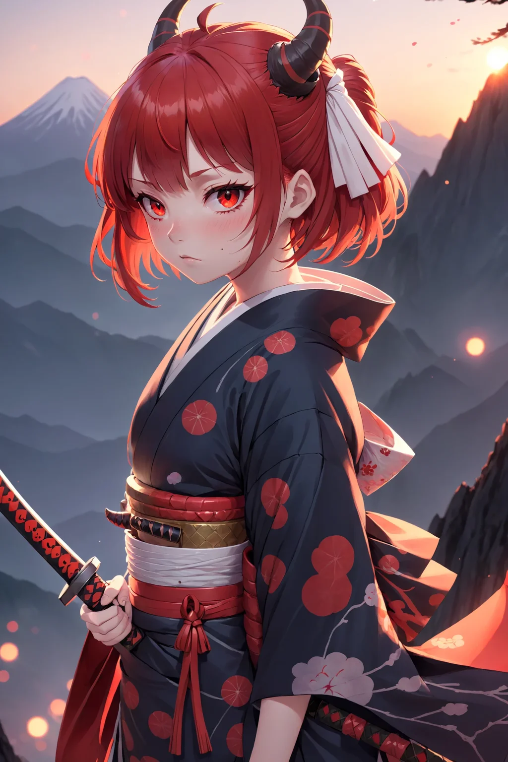 anime, oni girl, kimono, red hair, red eyes, disdain, katana, blunt bangs, oni horn, mountain, fantasy, dusk, Bokeh