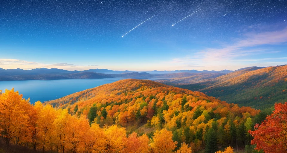 Scenery, mountain vistas, floating leaves, autumn, light and shadow, dream, shooting stars in the sky,evening