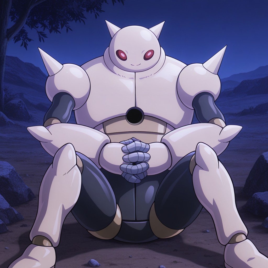masterpiece, best quality, amazing quality, official style, t4m4gamithree, male, solo, robot-like, grey body, red eyes, horns, spikes on shoulders, 3 fingers, holes in palms, beige armor, two-tone armor, hole in chest, on ground, sitting down, smile, hands interlocked, outdoors, dirt, night