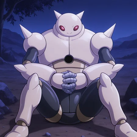 masterpiece, best quality, amazing quality, official style, t4m4gamithree, male, solo, robot-like, grey body, red eyes, horns, spikes on shoulders, 3 fingers, holes in palms, beige armor, two-tone armor, hole in chest, on ground, sitting down, smile, hands interlocked, outdoors, dirt, night