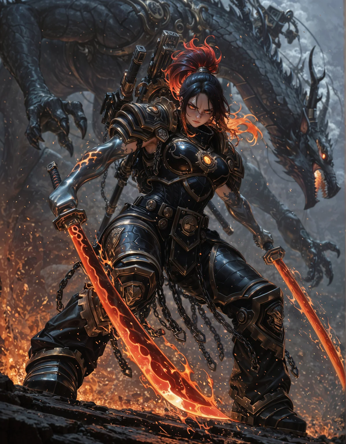 masterpiece, best quality,high quality, newest, highres,8K,HDR,absurdres, 1girl,solo,iLLFerrusM40k,armor,metallic arms,dual wielding swords,flaming red katana,battle-ready stance,confident expression,dramatic pose,mystical battlefield,smoke and mist,glowing red effects,dark fantasy style,oil painting (medium),centered composition,dynamic angle,absurdres,highres,, dragon spirits, fine details,8k render masterpiece,best quality,amazing quality,very awa,absurdres,newest,very aesthetic,
<lora:iLLFerrusM40k:1>