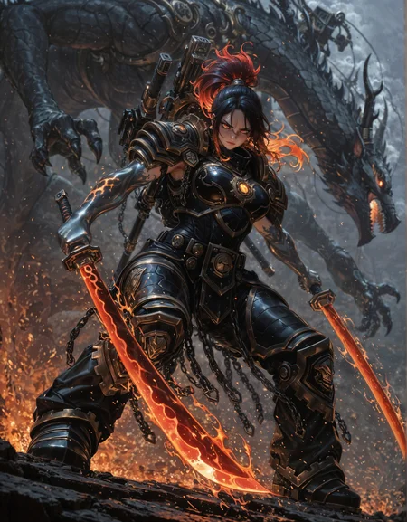 masterpiece, best quality,high quality, newest, highres,8K,HDR,absurdres, 1girl,solo,iLLFerrusM40k,armor,metallic arms,dual wielding swords,flaming red katana,battle-ready stance,confident expression,dramatic pose,mystical battlefield,smoke and mist,glowing red effects,dark fantasy style,oil painting (medium),centered composition,dynamic angle,absurdres,highres,, dragon spirits, fine details,8k render masterpiece,best quality,amazing quality,very awa,absurdres,newest,very aesthetic,
<lora:iLLFerrusM40k:1>