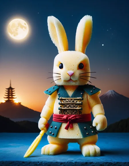 a japanese warrior bunny wearing traditional ral-ktchzpong, at night, bright sky, glowing background light <lora:ral-ktchzpong:1>
