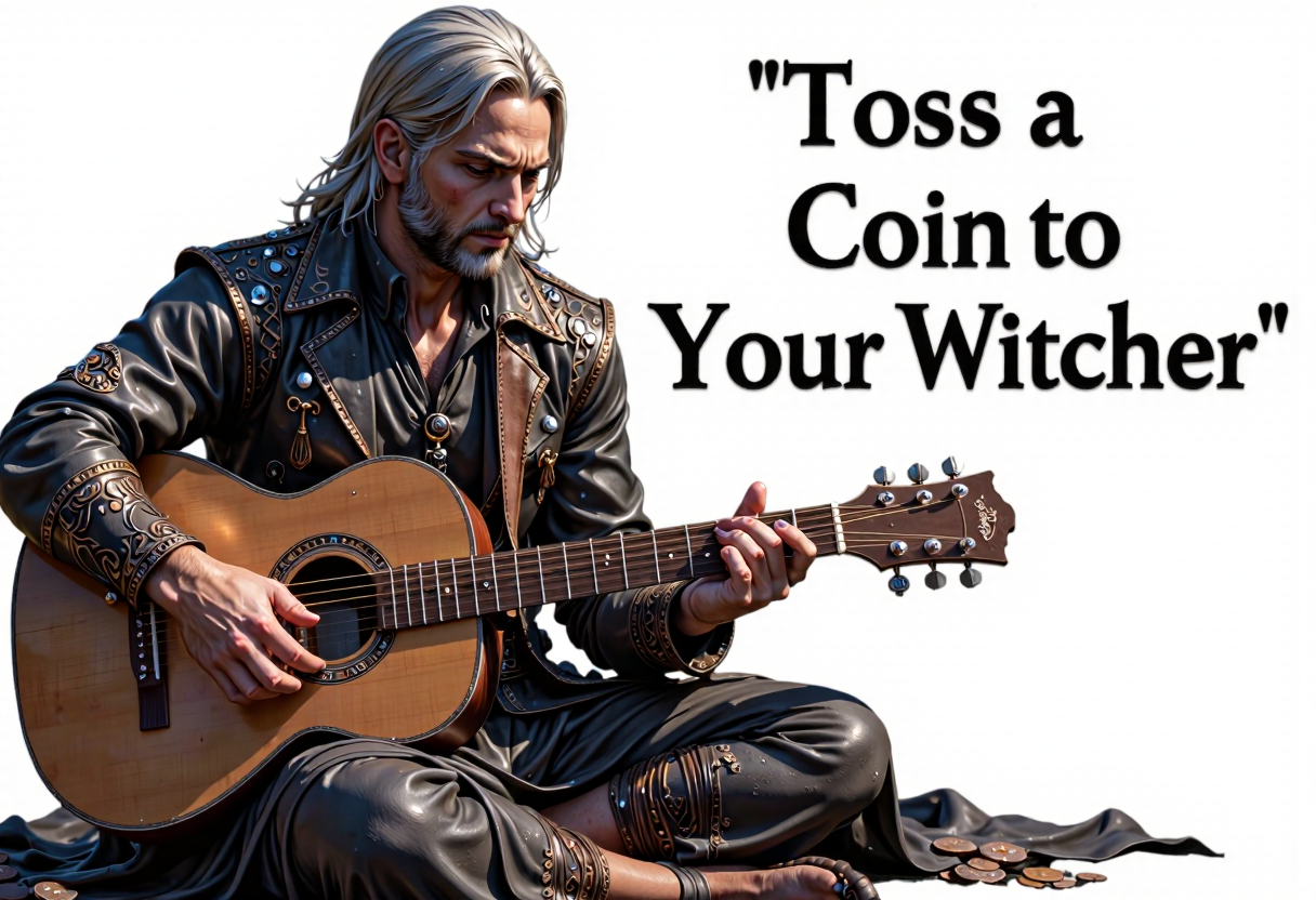 Geralt the witcher as an old beggar in old ragged clothes playing a guitar, italic text at the right that says "Toss a Coin to Your Witcher~"