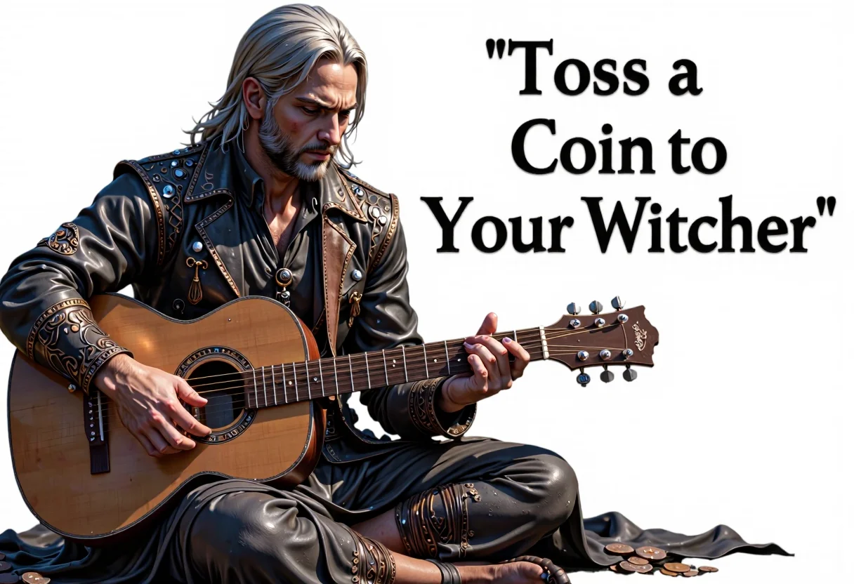 Geralt the witcher as an old beggar in old ragged clothes playing a guitar, italic text at the right that says "Toss a Coin to Your Witcher~"