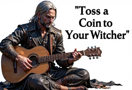 Geralt the witcher as an old beggar in old ragged clothes playing a guitar, italic text at the right that says "Toss a Coin to Your Witcher~"