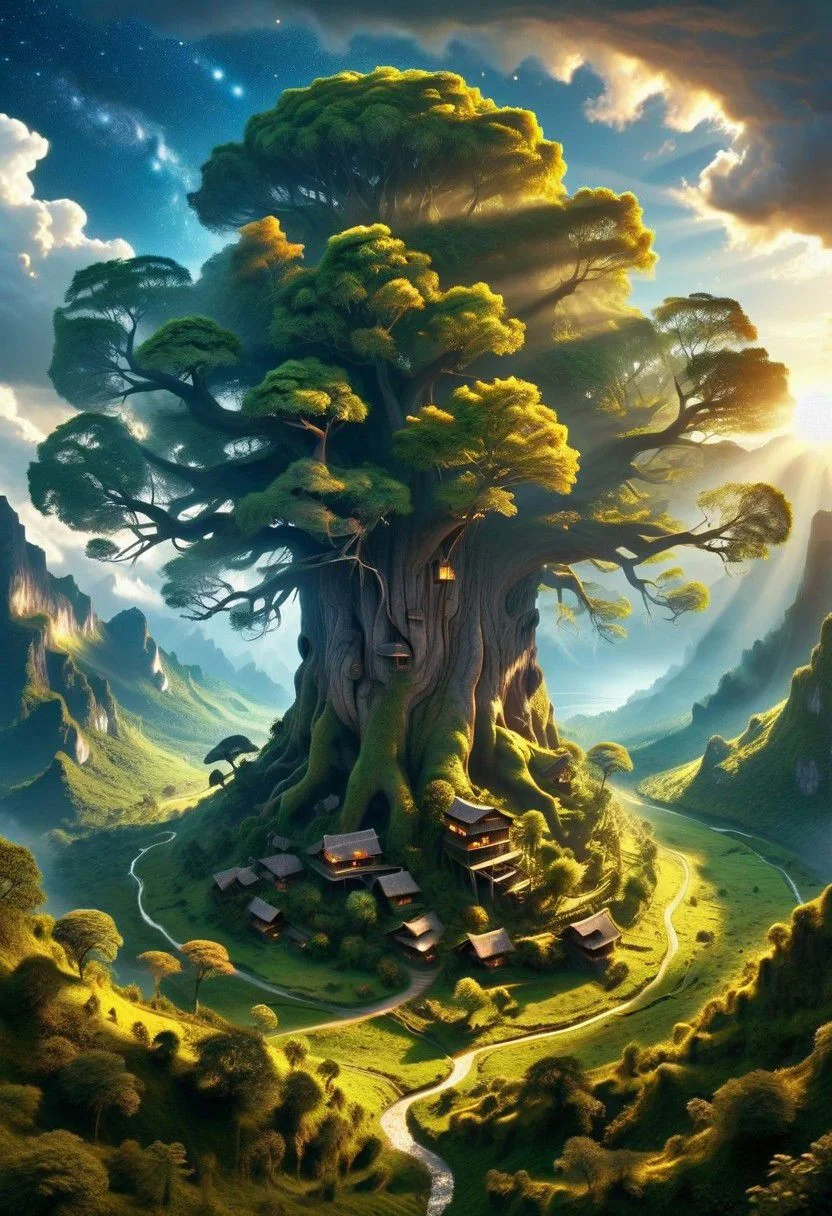 A colossal tree, its branches stretching into the heavens, hosts an entire ecosystem within its boughs. Tiny villages and winding pathways weave through the foliage, while bioluminescent creatures dance in the shimmering canopy. tiny silhouettes from people showing how big the tree is, By Hans-Werner Sahm and Marc Adamus. 64K, UHD, HDR, octane render, depth by atmosphere, vivid color palette., depth by atmosphere, dynamic lighting.