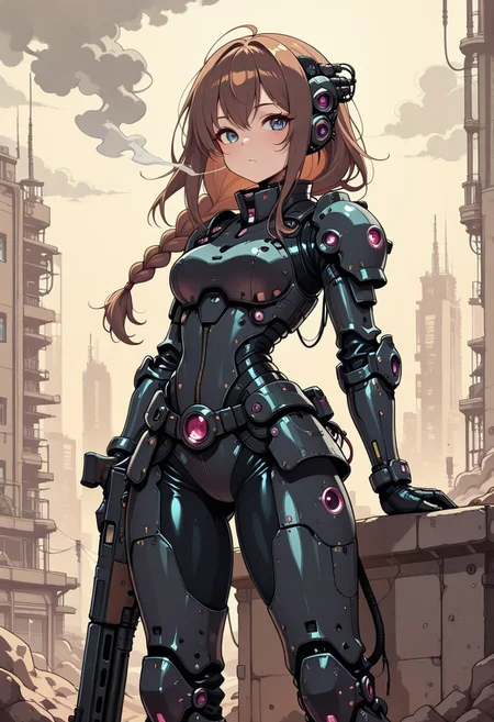 masterpiece, UHD, 8K, high res, high detailed, best quality, amazing quality,
1girl, cute face, short, long hair, one braid, heavy cyber armor wear, black and white armor, damage armor, shotgun in hamds on stomach level, rest pose, standing, roof of buiding, destroyed futuristic city on background, smokes, low clouds, grey clouds,
amazing background,
sepia,