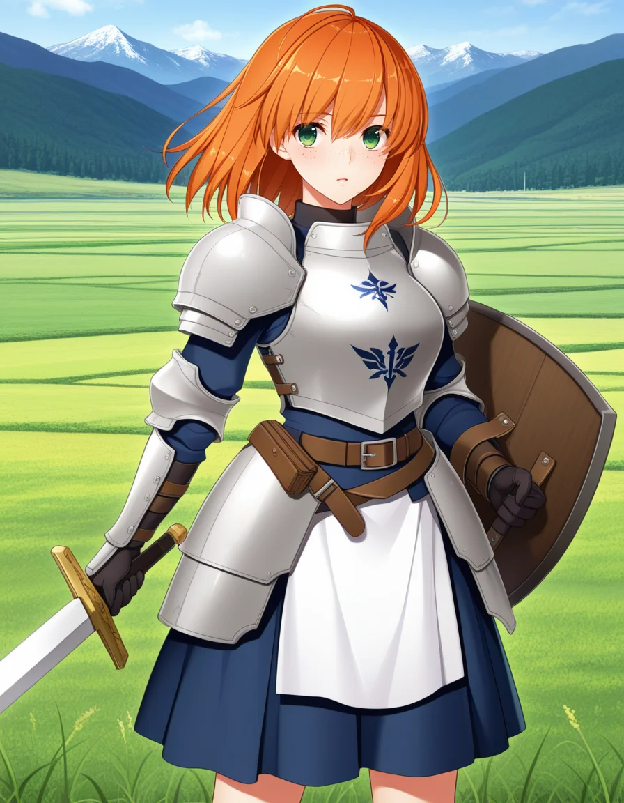 (koizumi amane), <lora:1_illu_koizumi_8e:1>, 1girl, armor, sword and shield, skirt, freckles, orange hair, medium hair, green eyes, field, mountains, (masterpiece, best quality, amazing quality),