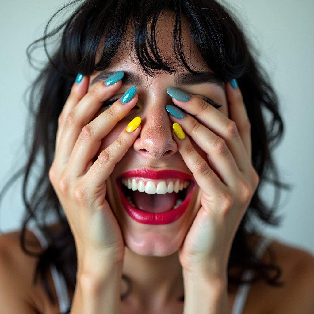 <lora:Hand v2:1>
detailed edges, detailed image, perfection style, A cinematic detailed image of a laughing woman with colorful nails covering her eyes with both her hands, movie themed, sharp, detailed background, epic cinematic photography, artistic style, dramatic light style, cinematic color style, Kodak 35mm film style, detailed style, hand focus style, 1girl, solo, open mouth, simple background, white background, teeth, nail polish, lips, lipstick, blue nails, realistic, yellow nails, makeup, parody, black hair, portrait