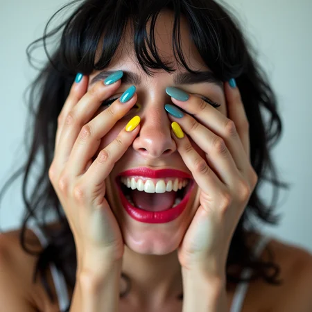 <lora:Hand v2:1>
detailed edges, detailed image, perfection style, A cinematic detailed image of a laughing woman with colorful nails covering her eyes with both her hands, movie themed, sharp, detailed background, epic cinematic photography, artistic style, dramatic light style, cinematic color style, Kodak 35mm film style, detailed style, hand focus style, 1girl, solo, open mouth, simple background, white background, teeth, nail polish, lips, lipstick, blue nails, realistic, yellow nails, makeup, parody, black hair, portrait