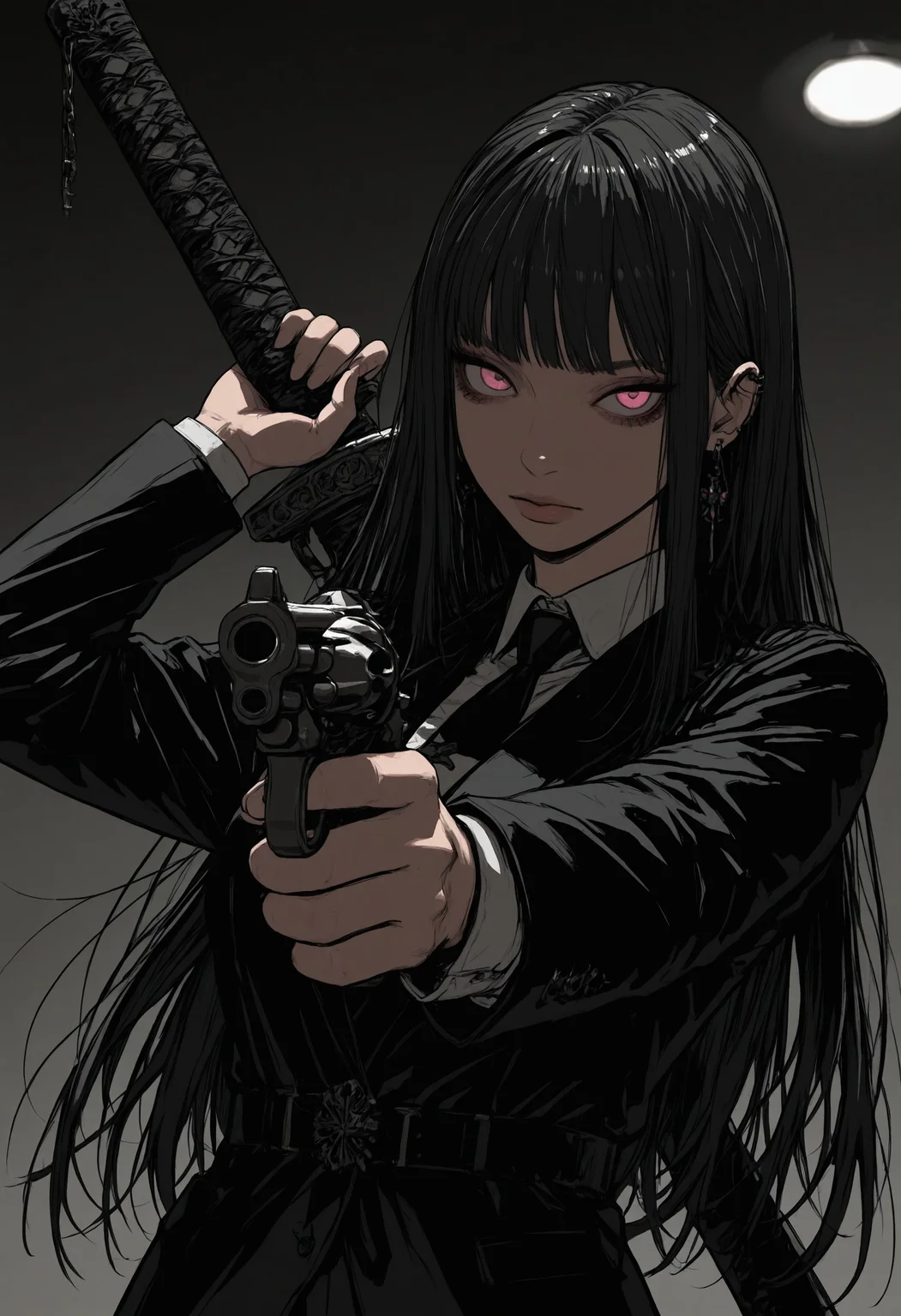 sinner2, 1girl, solo, black hair, necktie, shirt, looking at viewer, white shirt, long hair, holding, bangs, black necktie, pink eyes, upper body, greatsword, holding, holding_gun, weapon_on_back, revolver, handgun, aiming, earrings, jewelry, collared shirt, jacket, black jacket, ear piercing, piercing, blurry, long sleeves, foreground, foreshortening, depth of field, detailed lighting, masterpiece, best quality, beautifully drawn, elegantly detailed, 8k, newest, sinner2, kttw2, , <lora:93c134cc-97e6-4e59-b3aa-eb026cc9598c:0.9>