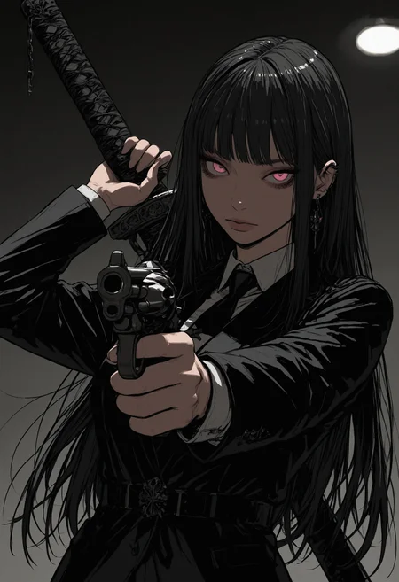 sinner2, 1girl, solo, black hair, necktie, shirt, looking at viewer, white shirt, long hair, holding, bangs, black necktie, pink eyes, upper body, greatsword, holding, holding_gun, weapon_on_back, revolver, handgun, aiming, earrings, jewelry, collared shirt, jacket, black jacket, ear piercing, piercing, blurry, long sleeves, foreground, foreshortening, depth of field, detailed lighting, masterpiece, best quality, beautifully drawn, elegantly detailed, 8k, newest, sinner2, kttw2, , <lora:93c134cc-97e6-4e59-b3aa-eb026cc9598c:0.9>
