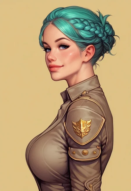 ((((side view))))
beautiful color, aesthetic, 2d,
(zeon pilot:1.3), ((khaki suit)),
solo, standing, (battleground, explosions:1.5)
1girl, cute face, modest smile
((turquoise hair, folded in french braid, long side bang hairstyles)),
big natural breasts,
focused, looking at viewer,
(((full-clothed))), dynamic pose
BREAK
score_9, score_8_up, score_7_up, score_6_up, source_cartoon, rating_explicit, Expressiveh, (((((upper body))))), dynamic pose