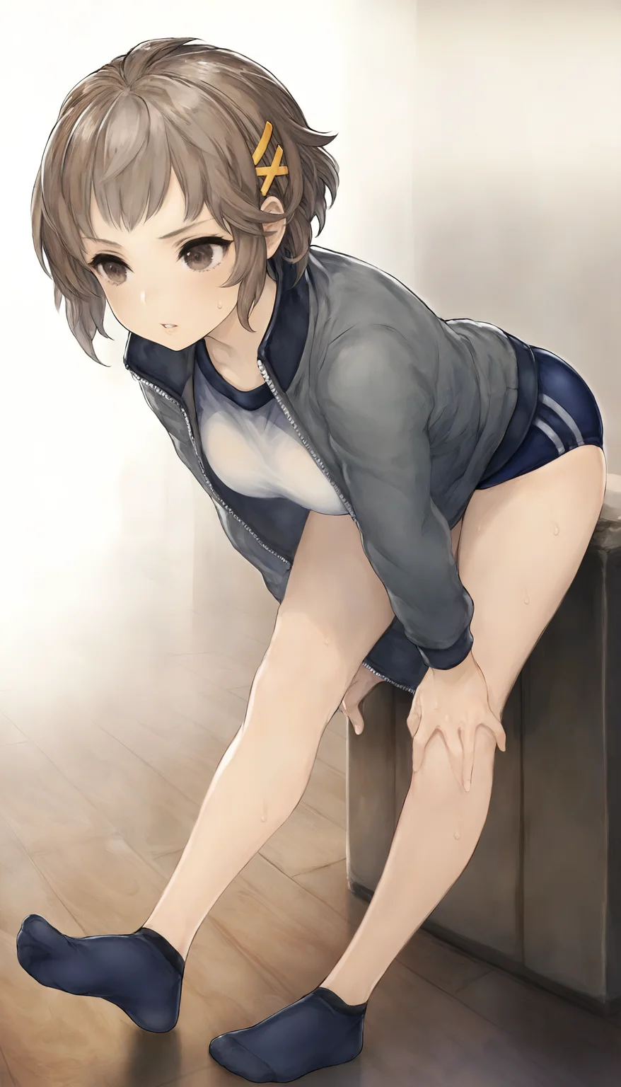 masterpiece,best quality,amazing quality,
<lora:natsunominamiNAI:1>,natsunominami,
1girl,solo,brown hair,short hair,bangs,brown eyes,yellow hairpin,grey jacket,gym uniform,blue gym shorts,black ankle socks,no shoes,
sitting,stretching leg,parted lips,sweat,leaning forward,looking ahead,
indoors,wooden floor,
