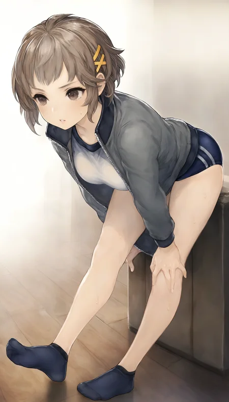 masterpiece,best quality,amazing quality,
<lora:natsunominamiNAI:1>,natsunominami,
1girl,solo,brown hair,short hair,bangs,brown eyes,yellow hairpin,grey jacket,gym uniform,blue gym shorts,black ankle socks,no shoes,
sitting,stretching leg,parted lips,sweat,leaning forward,looking ahead,
indoors,wooden floor,