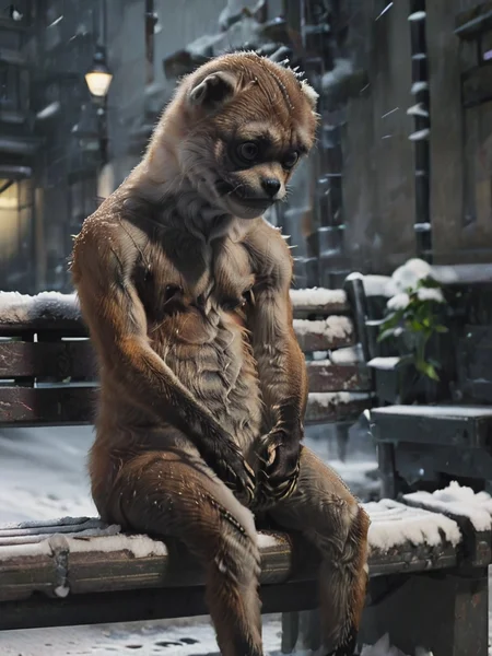 nighttime, side-view, oil painting, close up shot sad stnerfx derp sitting on a bench, facing the camera, narrow back alley, snow, deep shadows, <lora:- SDXL - stnerfx _Stoned_Fox_Style_V4.0:1>