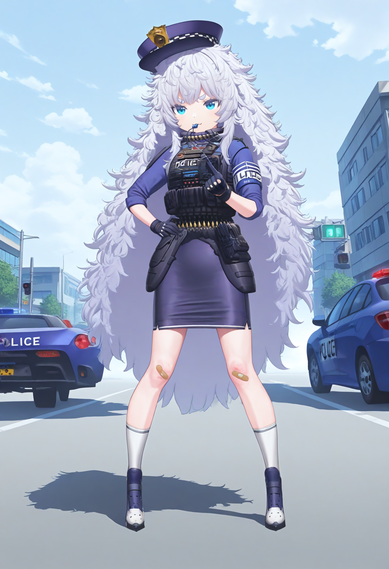 best hands, <lora:mn_poli_IL1.4:1> Blowing whistle, holding whistle, pointing, Traffic Control
mn_poli, official art, 1girl, white very long Messy Hair, aqua eyes, :3,
uniform, blue shirt, armband, police uniform, policewoman, scope, bulletproof vest, walkie-talkie, pencil skirt, black gloves, white socks, bandaid on knee, Footwear, Bullet Belt, Policeman's hat,
BREAK outdoors, street, Intersection, traffic lights, cars, day, cloudy sky, shadow,