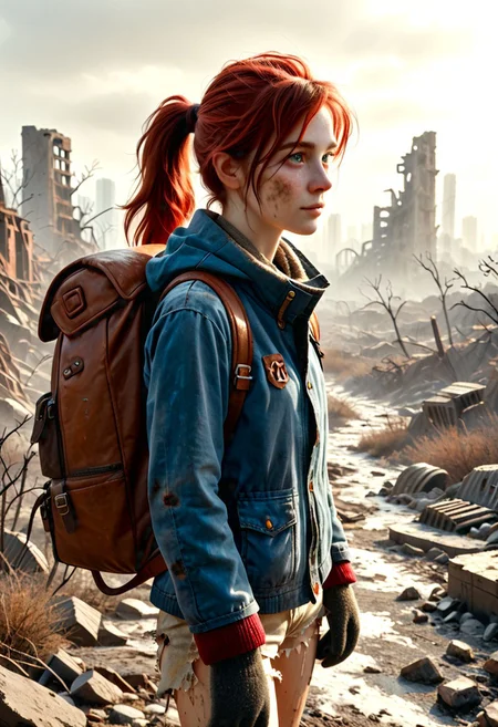 1girl, Masterpiece, 8k, ultra high detail, score_7 up,
volumetric lighting, vivid colors, vibrant colors, score_8_up, score_9, small breast size, sporty red ponytail hair, fcNeg, stunning green eyes, freckles, white skin, small nose, innocent beauty, slim face, cute face, skinny body, perfect body, extreme detailed body, intence green eyes, perfect face, ultra high detailed face, perfect eyes, petite,
Cold, red dust everywhere, Wandering through ruins,
Wasteland Tribal_Leather_Parka, fur lined, mittens, hood over head, wasteland clothes, torn and used clothe,
Dirty, dirty face, dirty skin, backpack filled with stuff,
simple_big_brown_leather_backpack_full_with_stuff,
Post Apocalyptic, big city Wasteland, skyscraper ruins,